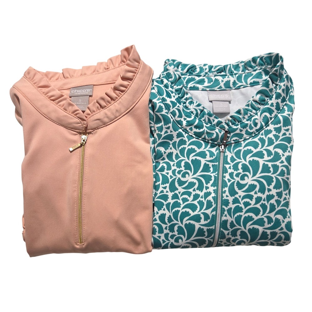 Chicos Zenergy Womens Size 3 XL 16/18 Ruffle Neck Quarter Zip Tops Lot of 2